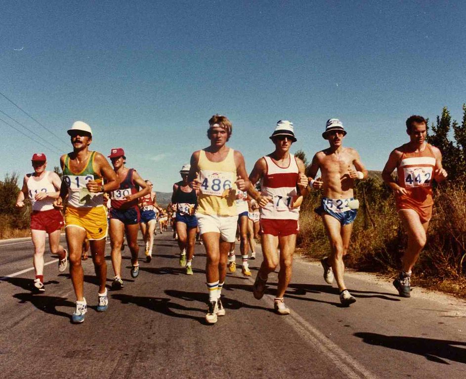 Runners running in the 1980 Athens Marathon.