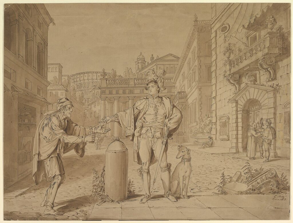 An image of the drawing "Nobleman Giving Alms to Beggar in Piazza near the Coliseum" by Conrad Martin Metz in the Metropolitan Museum of Art.